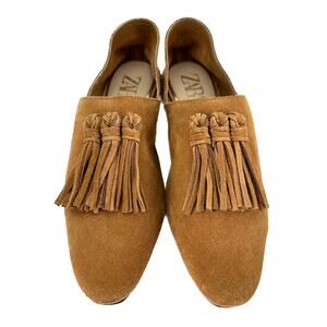 ZARA Suede Leather Tan Tassels Loafer Flats EU 38